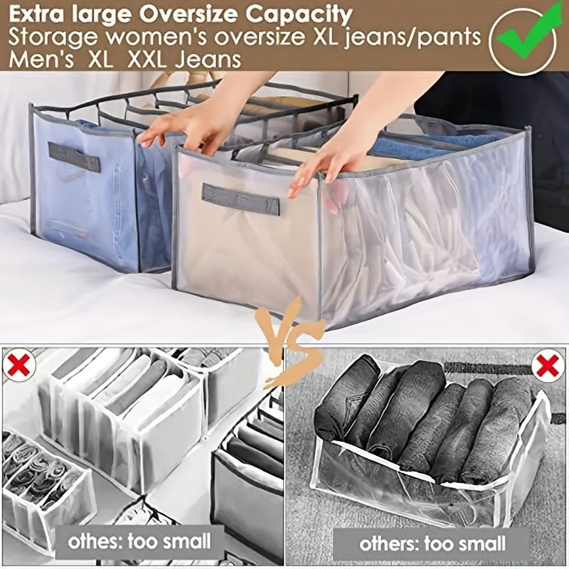 Organize your wardrobe with these fabric drawer divider storage bins featuring handles. With 7 grids, these bins are perfect for organizing clothes like jeans and shirts. They are washable and foldable for easy storage. Stackable for maximum convenience.