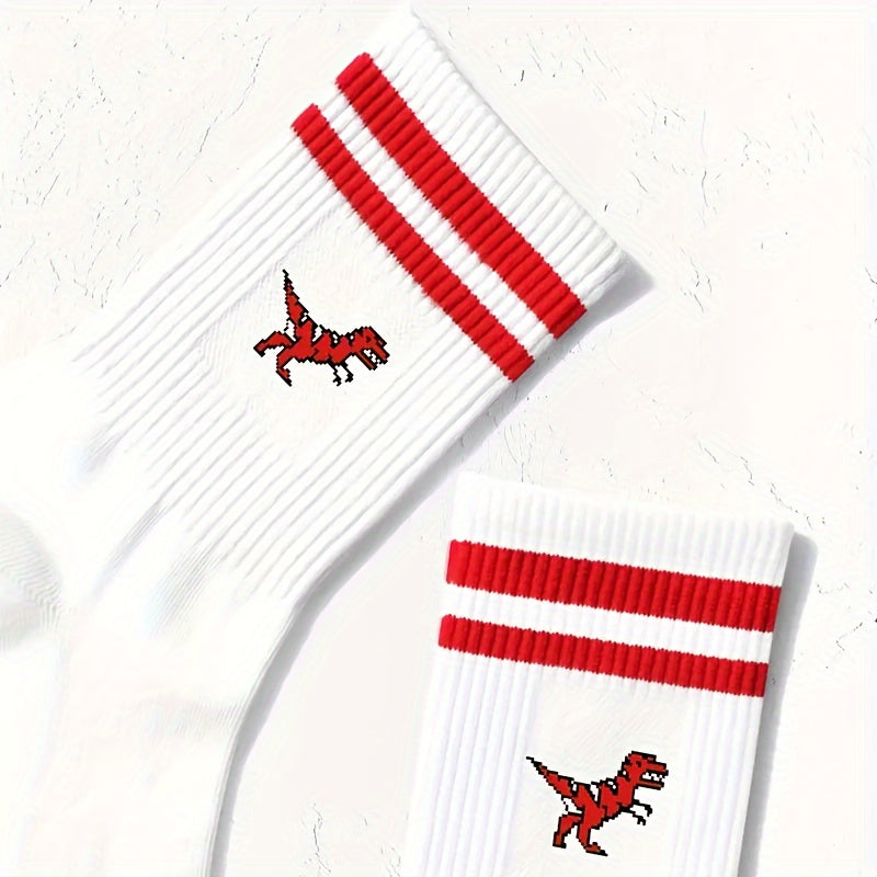 1 Pair Dinosaur & Striped Print Sports Socks for Women