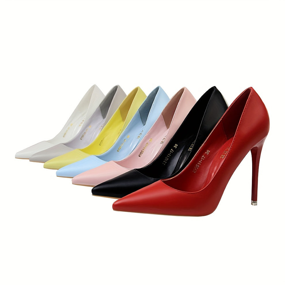 Women's elegant stiletto heels in solid color with point toe, slip-on design for parties.