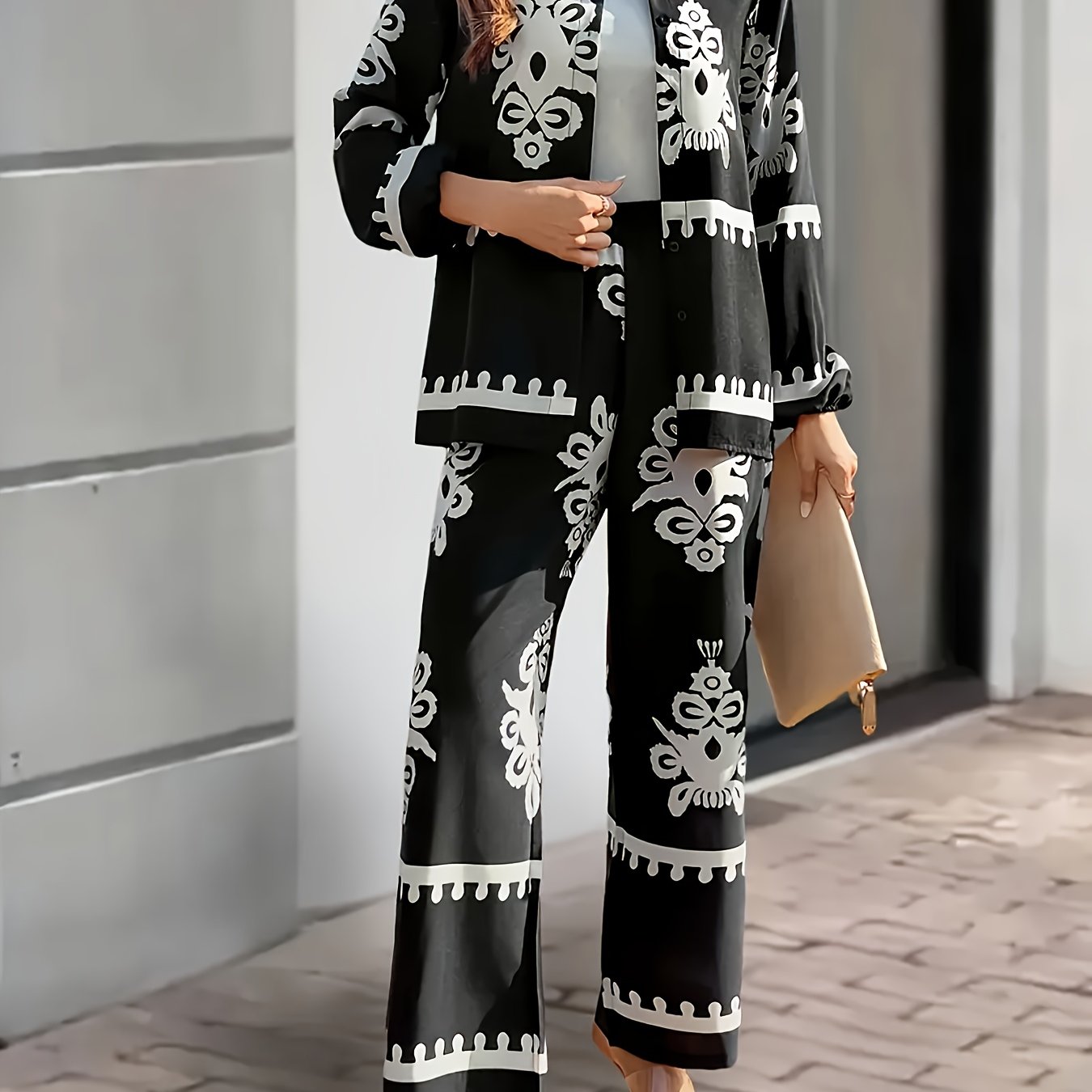 Women's Tribal Print Two-Piece Set, Long Sleeve Top and Pants, 100% Polyester, Lapel Collar, Spring/Summer 2071