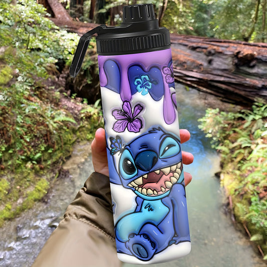 Stitch and butterfly print stainless steel water bottle, insulated for hot and cold drinks, leakproof lid, hand wash only, BPA-free, perfect for outdoor travel and gifting.