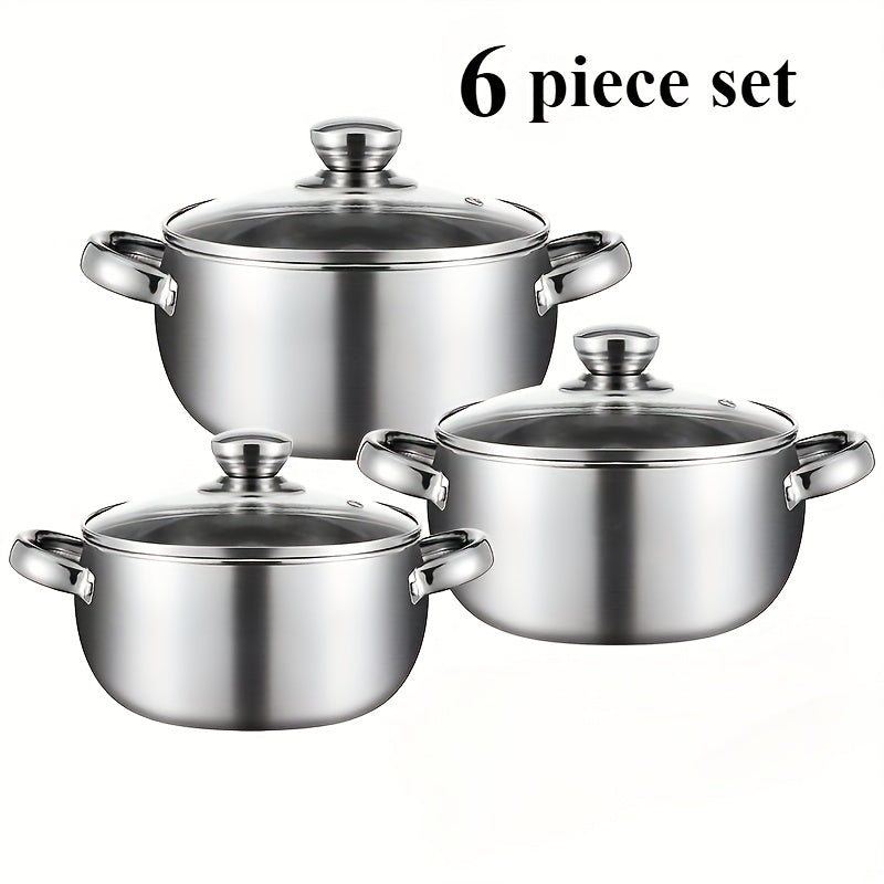 This set includes 6 pieces of stainless steel pots in total, featuring a silvery finish. It includes 3 pots and 3 lids, all equipped with stainless steel double handles and deep design, ideal for cooking soup, hot pot, noodles, pasta, and seafood soup.