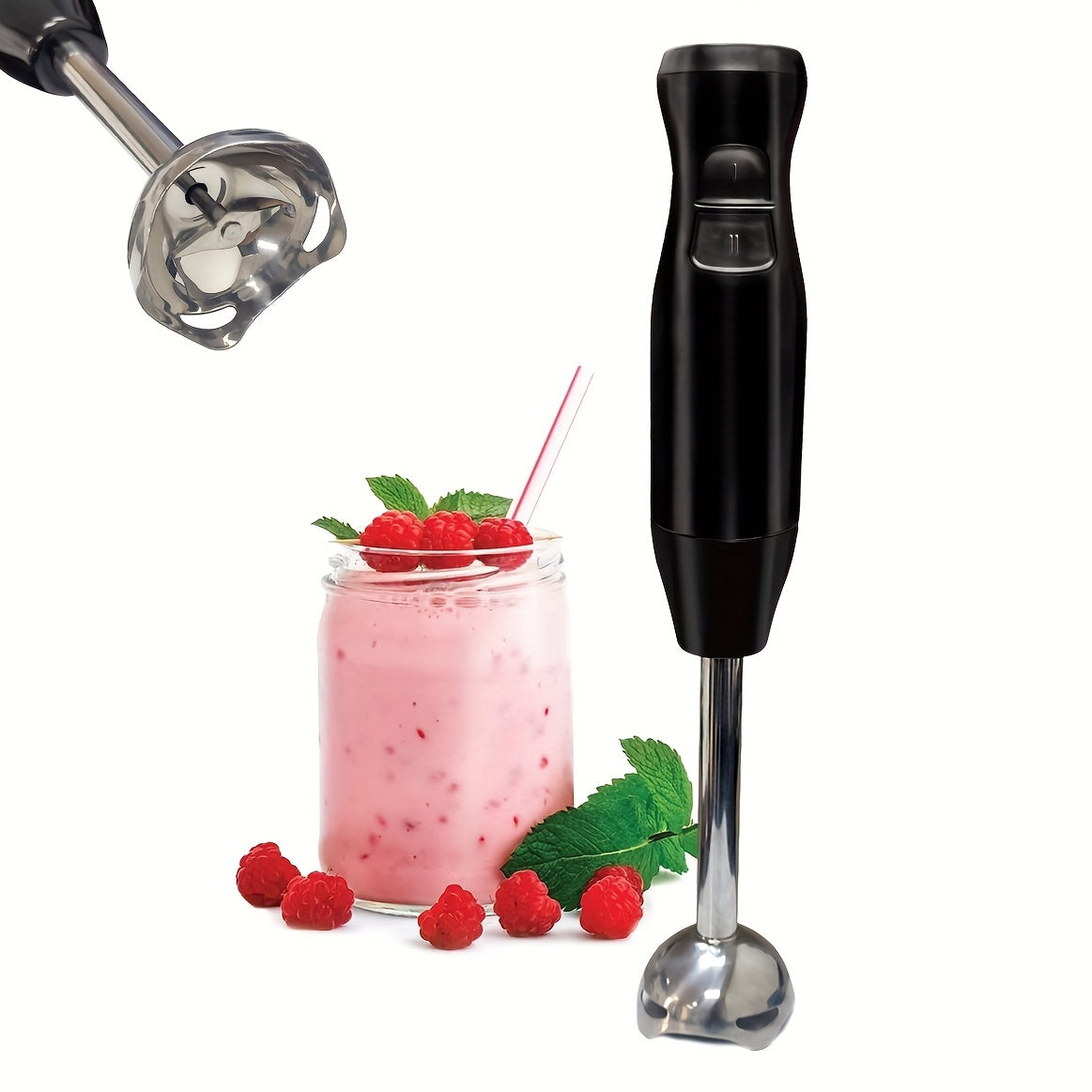 Electric immersion hand blender with food-grade stainless steel, 2-speed control. Includes mixer, chopper, and ice crushing capabilities. Easy to clean with removable blending stick. Ideal