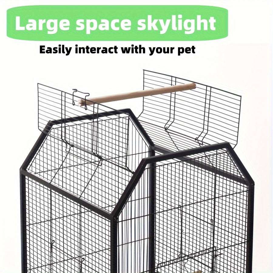 Metal bird cage for small to medium parrots, ideal for home and pet use, includes perch, feeder, water cup, and window.