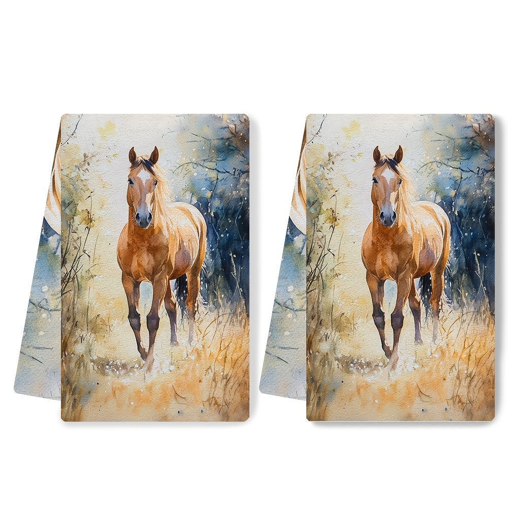 Set of 2 Coastal Horse Design Kitchen Towels, Made of Highly Absorbent Polyester Knit Fabric, Easy to Clean in the Washing Machine, Featuring a Modern Contemporary Style, Size 40.64x60.96 cm - Model Number 2KYSYS1218557, Horse Themed Towels for the