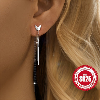 S925 Silver Lady Butterfly Tassel Earrings - Hypoallergenic Lightweight Design - Sweet and Versatile Everyday Accessory - Ideal Gift for Women