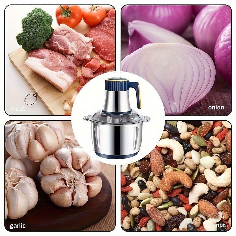 Home multifunctional food processor with 3L or optional 5L capacity. Features vegetable cutter, stainless steel meat grinder, juicer, and garlic paste maker. Perfect gift for the kitchen.