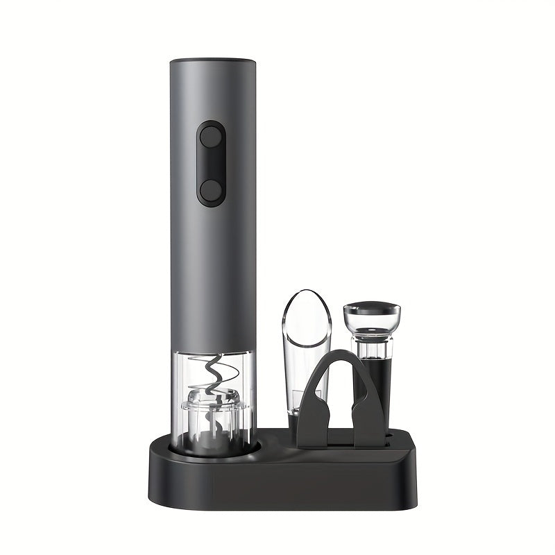 Electric wine opener set includes automatic opener, corkscrew, vacuum stopper, and 5 essential tools. Dimensions: 8.31cm X 7.29cm X 23.19cm.