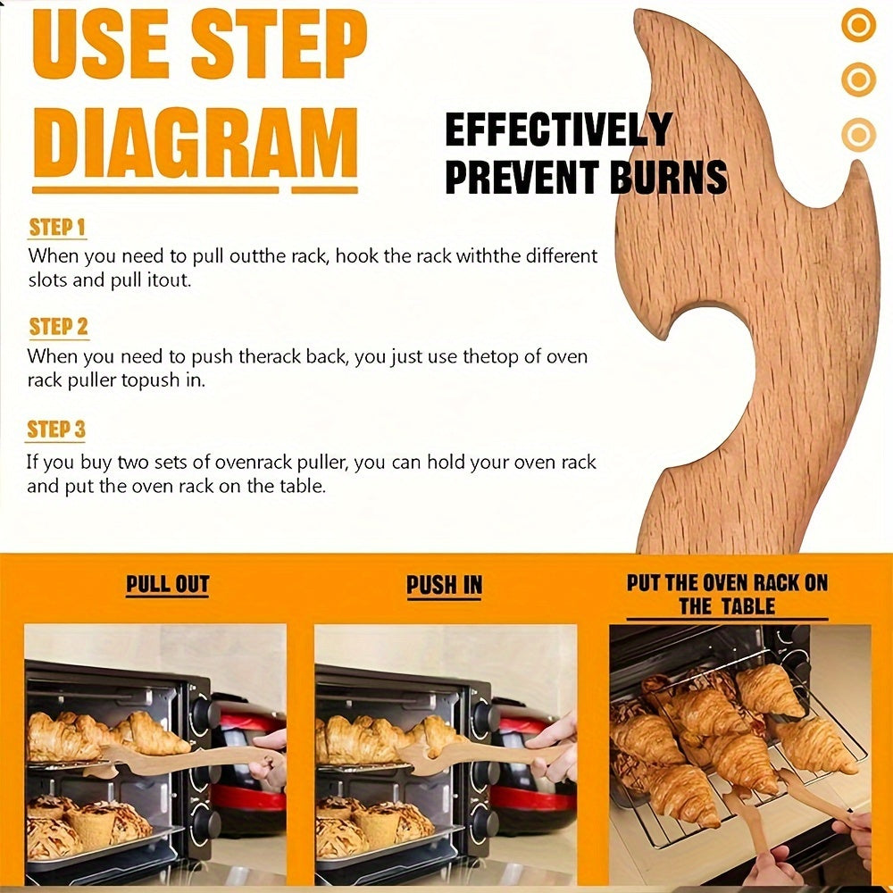 Long-handled wooden oven rack puller to safely handle hot oven racks, toaster, air fryer, and more without the risk of burns. Easily remove hot racks from the oven or bread machine with this kitchen tool.