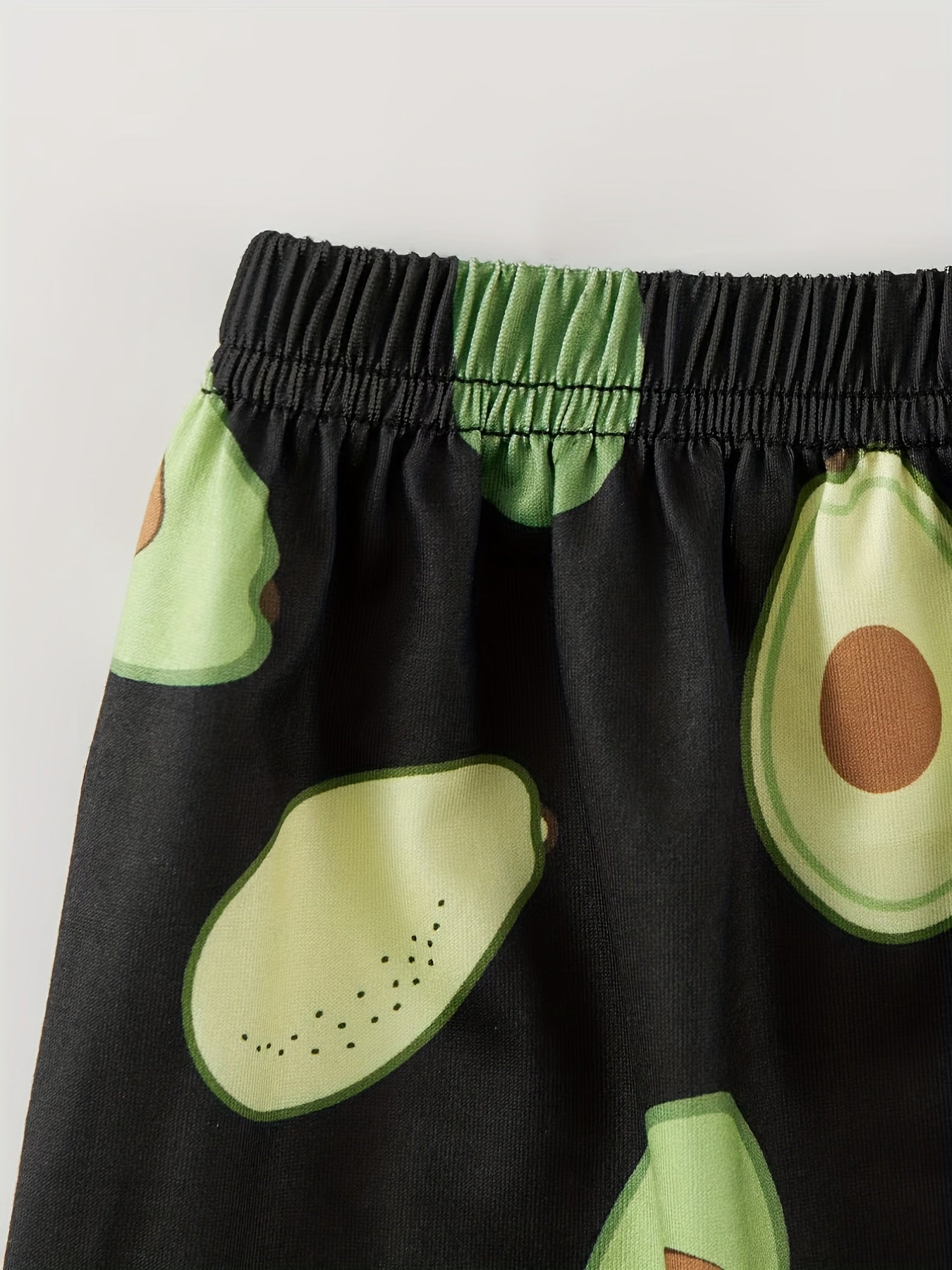 Avocado print pajama set with short sleeve top, elastic waistband shorts and pants for women's sleepwear and loungewear.