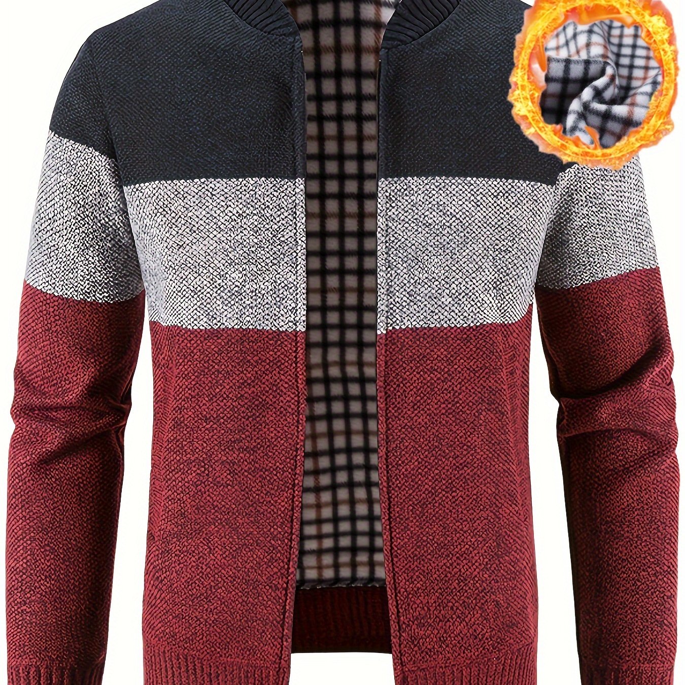 Men's high neck fleece jacket with color block knit, mid stretch zip-up outerwear in regular fit with placket closure, thick for fall/winter.