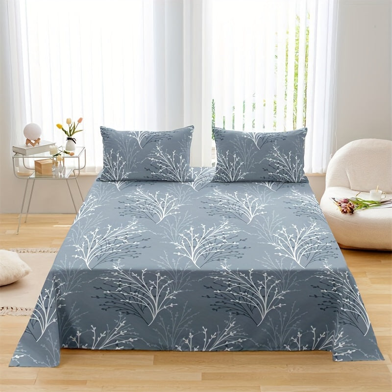 4-piece bedding set includes 1 flat sheet, 1 fitted sheet, and 2 pillowcases made of 100% polyester with floral print. Machine washable and suitable for all seasons. Does not include pillow