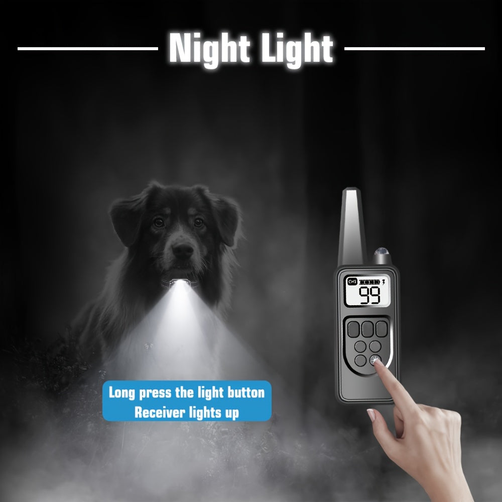 Remote shock collar for dogs with LED light, beep, vibration, shock, and rechargeable battery, suitable for medium to large dogs.