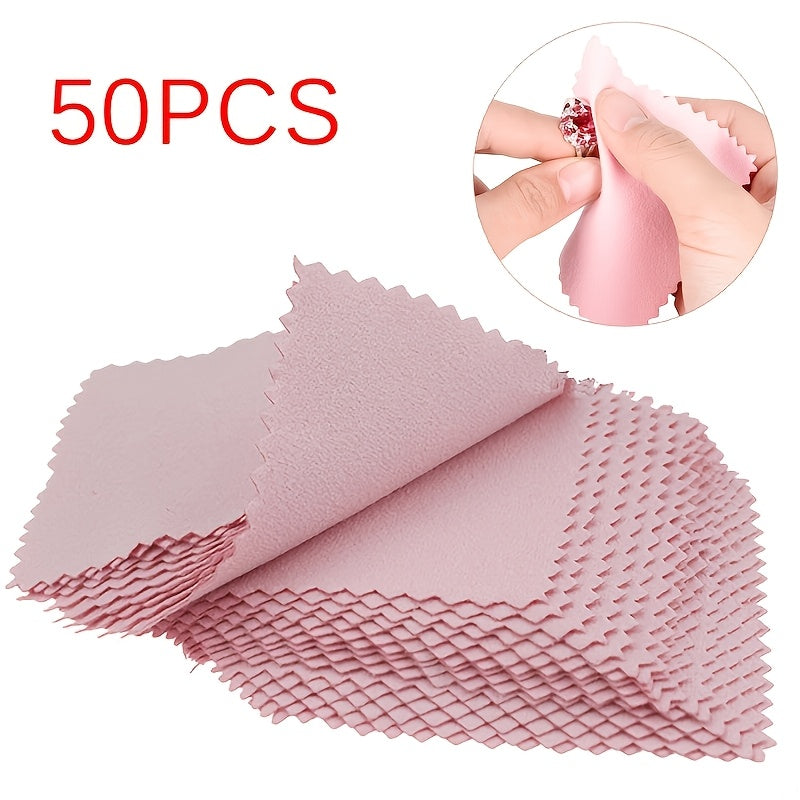 Pack of 50 Pink Jewelry Polishing Cloths made from ultra-fine microfiber to clean silver items. These non-textile polyester cloths do not contain any chemicals and are designed to shine and polish silverware.