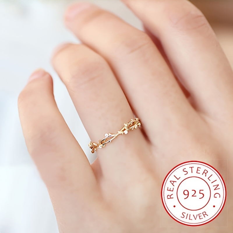 Elegant and Stylish 925 Silver Sweet Branch Band Ring with Shiny Zirconia Inlay - Perfect Jewelry for a Touch of Sophistication and Elegance on Your Finger