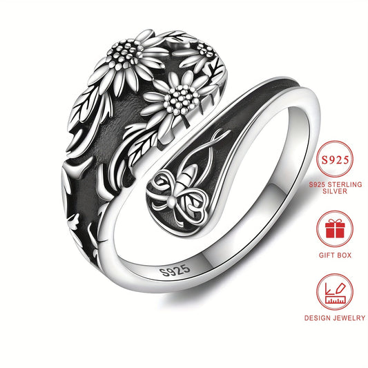 Sterling Silver Spoon Ring with Sunflower & Daisy Design - Vintage Bohemian Style, Butterfly & Floral Engraved, Hypoallergenic, Comes with Gift Box - Ideal for Mother's Day and Everyday Wear