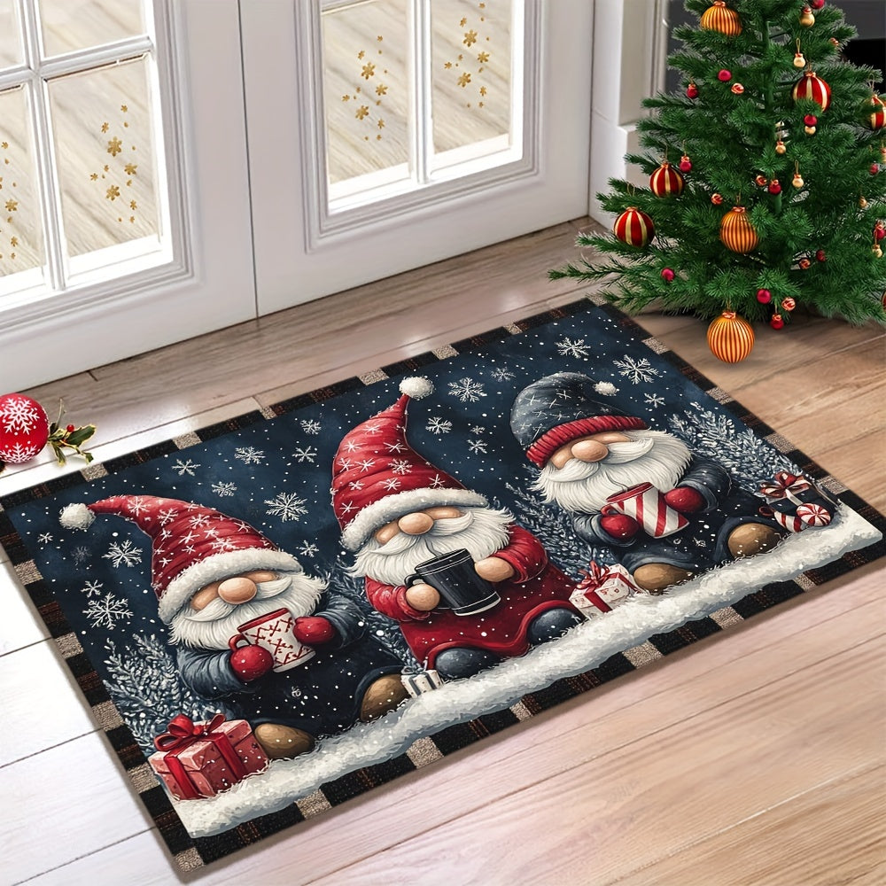 Get into the holiday spirit with the Festive Christmas Gnome Doormat! This non-slip, washable doormat is made of polyester with a rubber backing for durability. Machine-made in a rectangular shape, this welcome mat is perfect for home decor. Lightweight