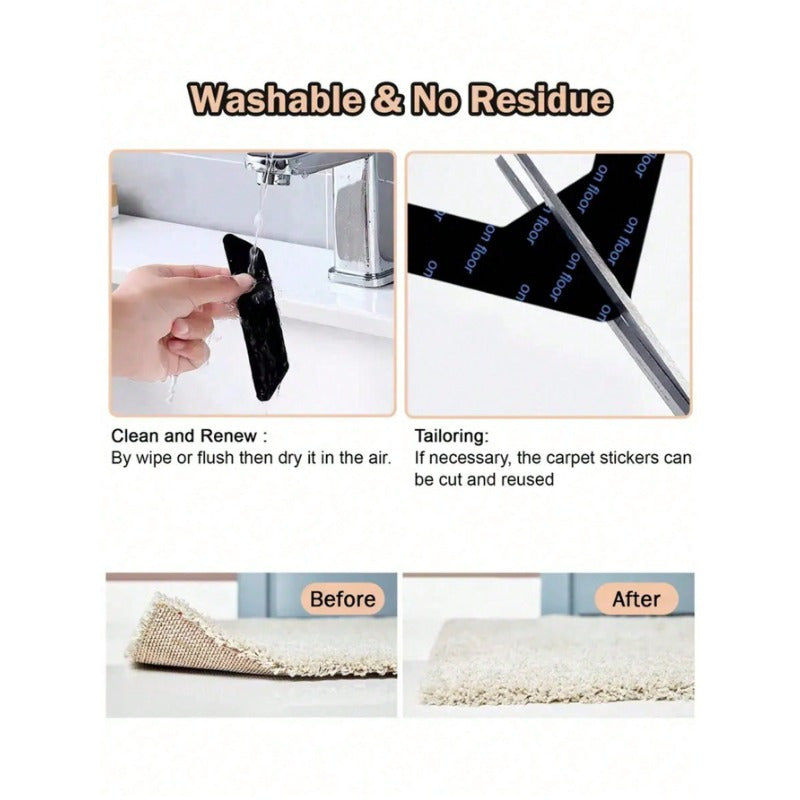 Durable Non-Slip Carpet Tape, Made of Washable PU & PC Material, Hand Washable Adhesive for Use in Rooms and Bedrooms, Easy Installation with No Residue