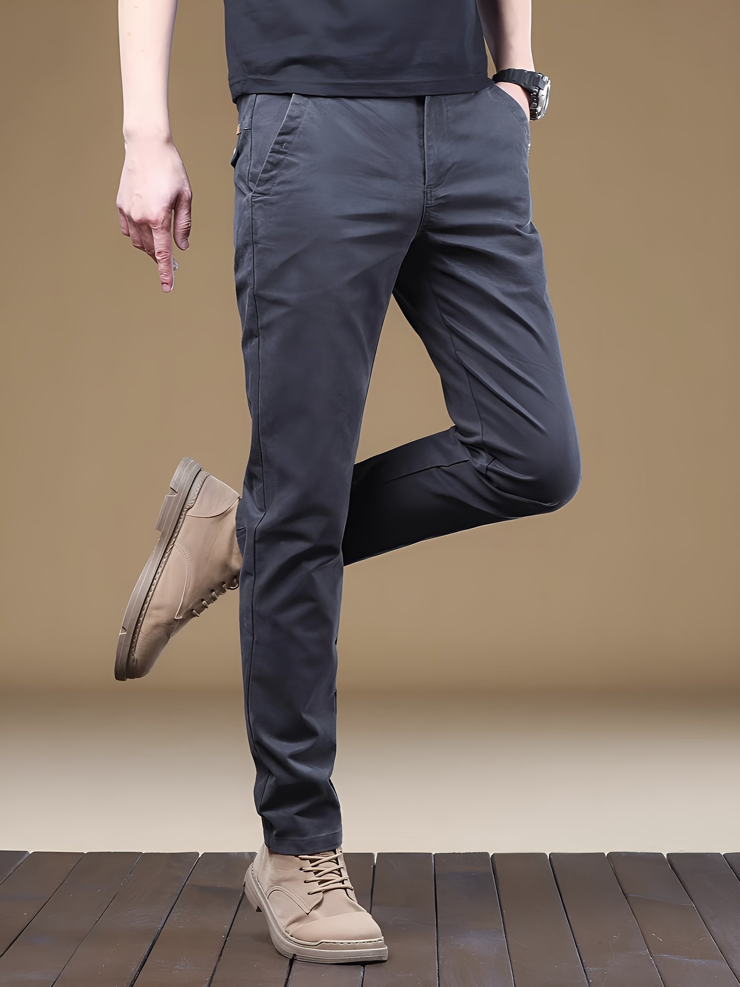 Men's premium cotton straight-leg business casual pants with a thick, classic design featuring button closure, elastic waistband & cuffs, and a slim fit for all-day comfort.