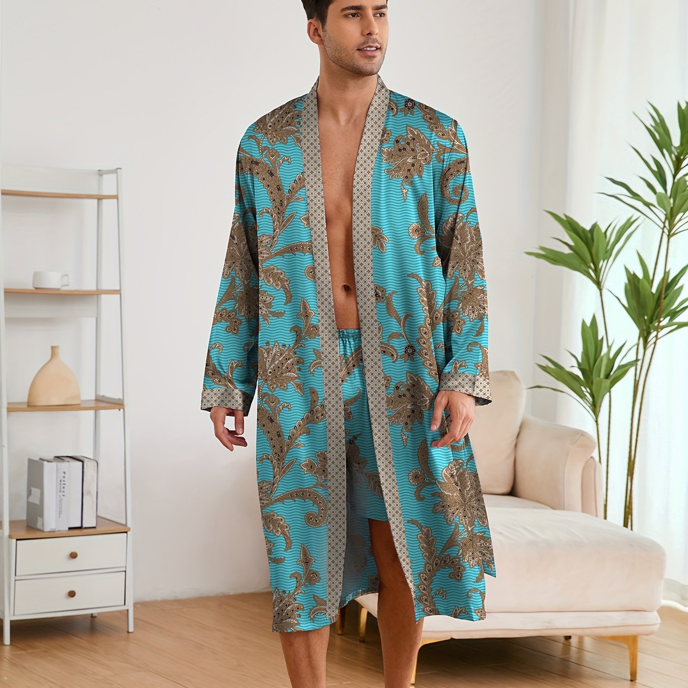 Men's elegant and light luxury pajama set with stylish floral print, featuring a V-neck long sleeve robe and shorts for home wear.