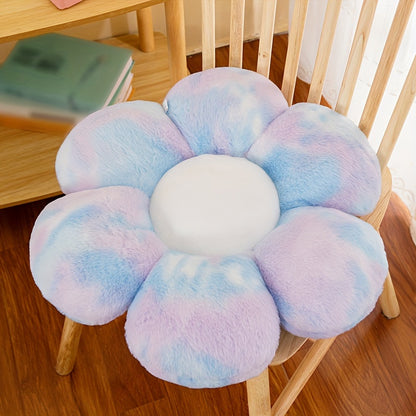 Flower-shaped plush pillow in pastel tie-dye, hypoallergenic, ideal for home decor and gifts. Dry clean only.