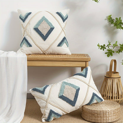 Bohemian geometric pillow cover featuring hemp rope & velvet embroidery - perfect for bedroom, living room, or sofa decor. Square design in beige with jute detailing.