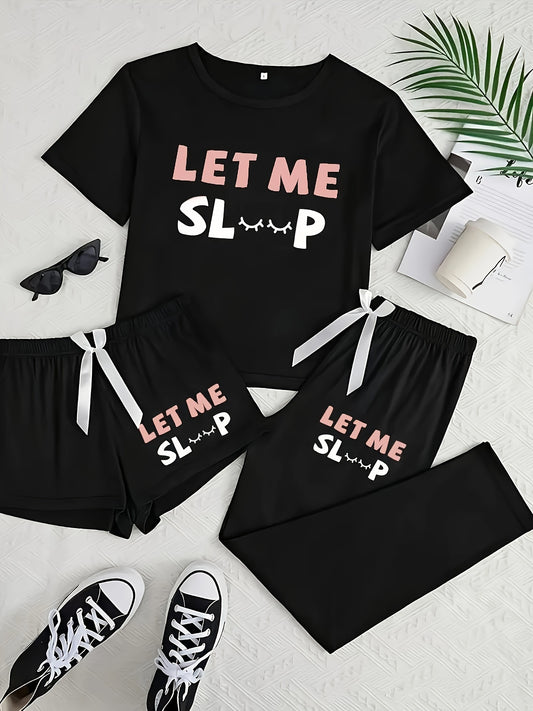 Women's sleepwear set with black letter print, round neck, polyester knit, bow detail, suitable for all seasons.