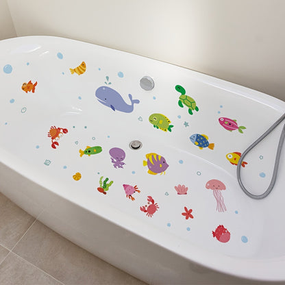 6 non-slip bathtub stickers with underwater animal patterns, frosted for bathroom safety.