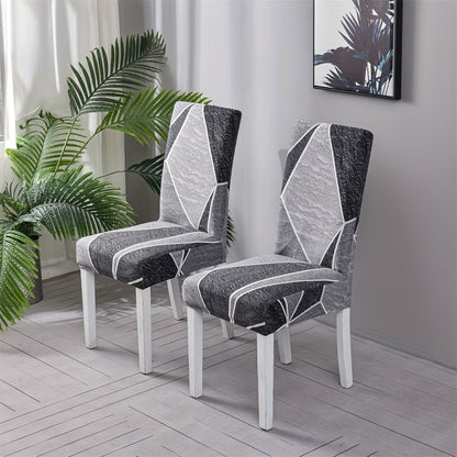 Contemporary geometric chair slipcovers in black and white. Stretchable, dustproof, lightweight fabric. Ideal for home, hotel, or restaurant decor. Easy care, machine washable. Set of 4 or 6.