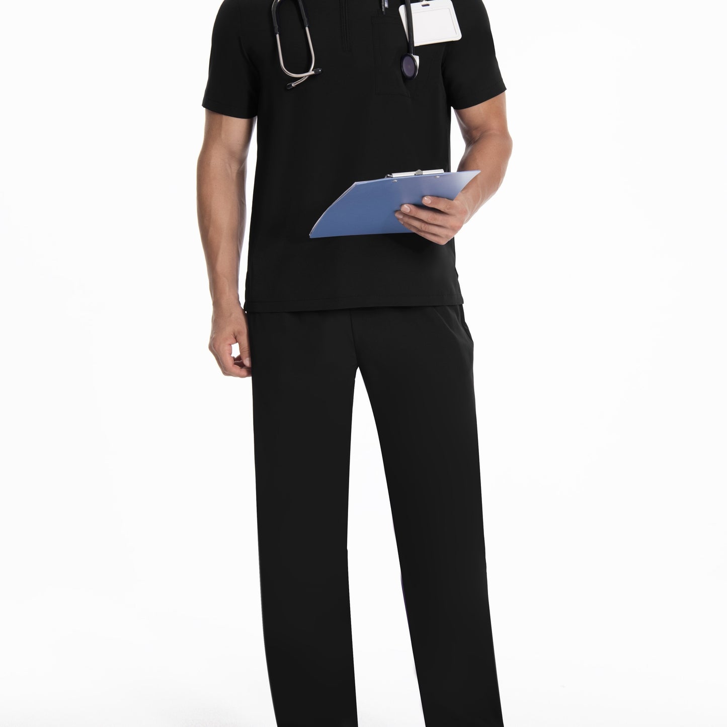 Polyester workwear uniform set for men with a conservative style. Features solid color, woven fabric, small stand collar, regular fit with pockets and belt loops.