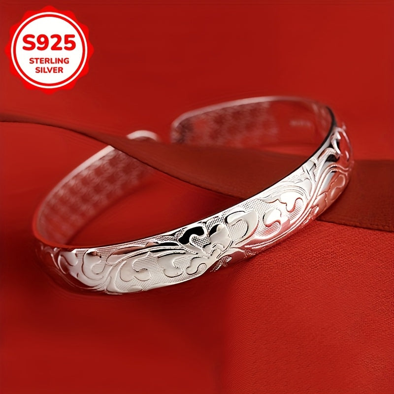 925 Sterling Silver Bangle featuring a Stylish Retro Floral Design with an Open Style