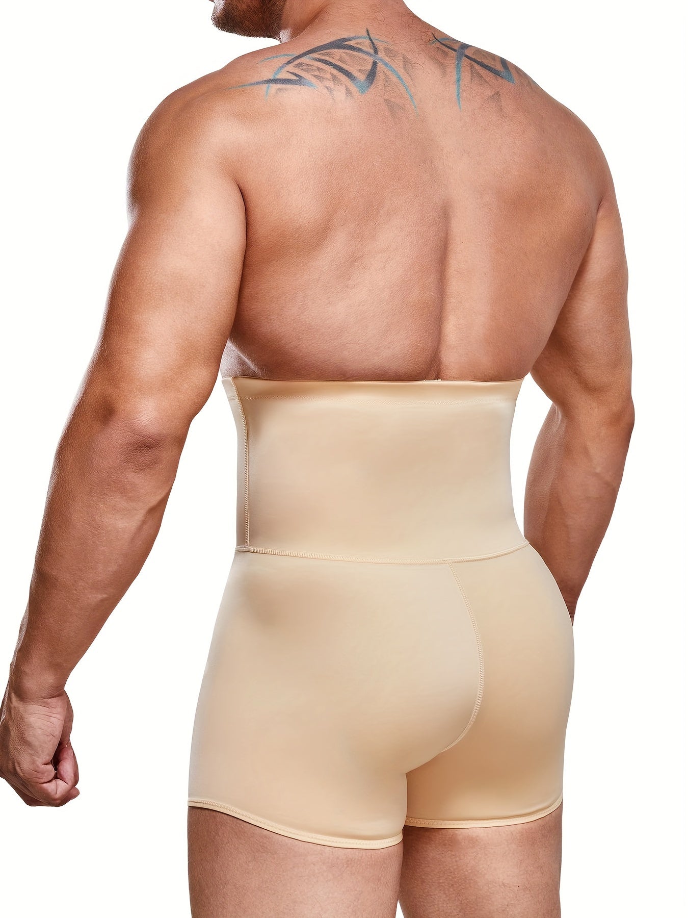 Junlan Men's High-Waist Slimming Shapewear Boxer Briefs in Beige offer tummy control, breathable nylon, seamless comfort fit, double-layer support for a trimmer waist and leg shape. Smooth