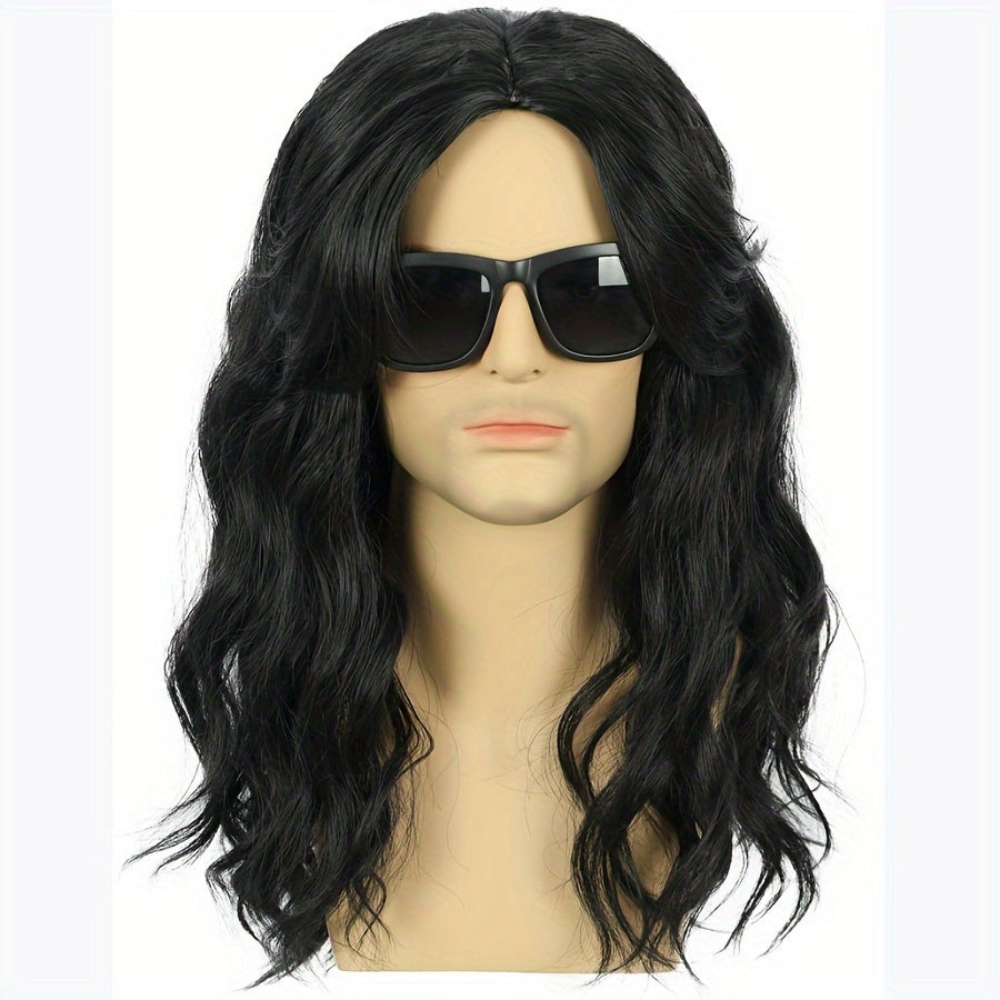 Stylish Black Long Fluffy Curly Wig for Men, Perfect for Casual School Parties or Halloween Christmas Cosplay Photos, with a Cool Punk Hip Hop Disco Vibe