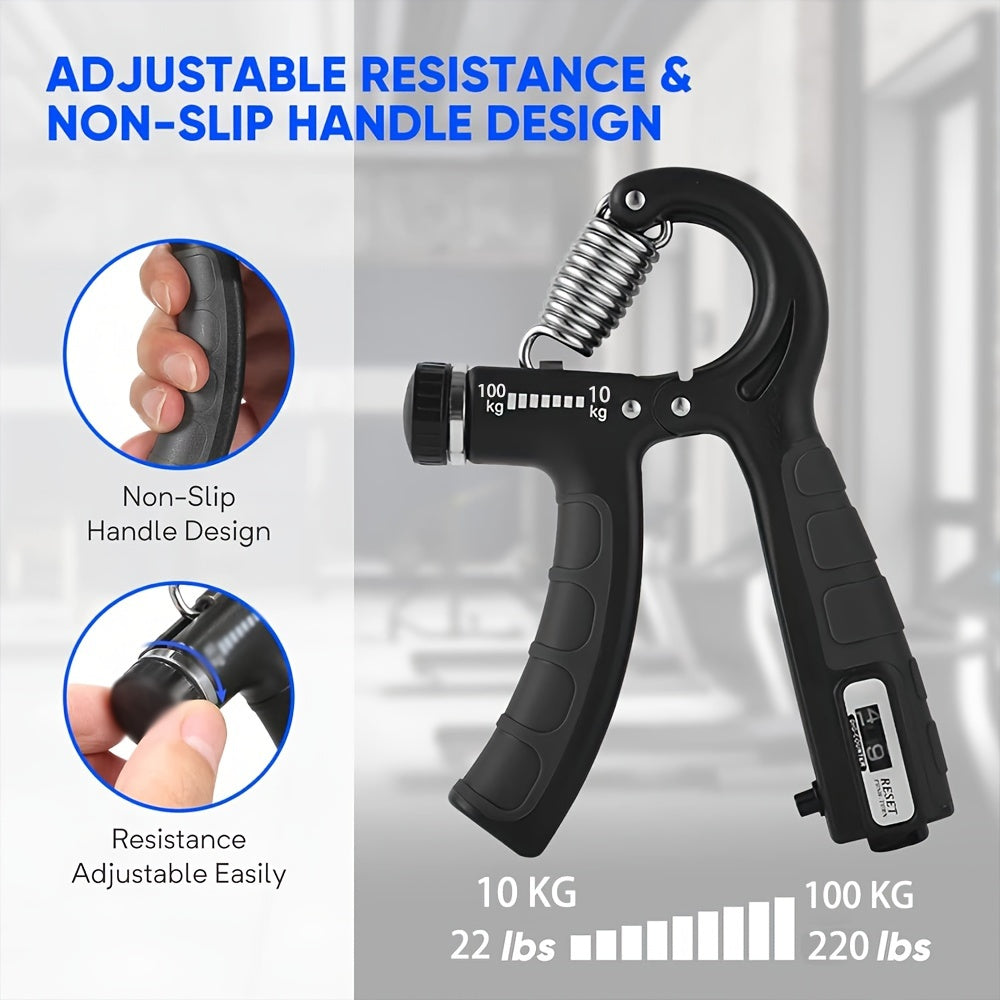 Portable finger trainer with counter for hand & arm workouts, rehabilitation, and muscle building.