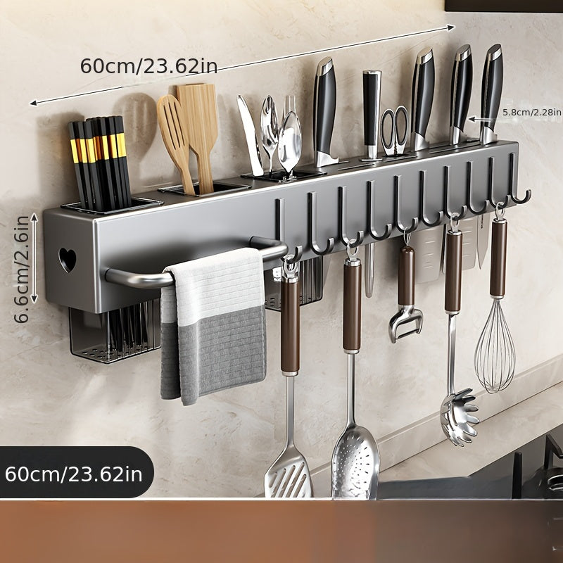 Wall-Mounted Kitchen Utensil Holder with Hooks, No-Drill Metal & Plastic Storage Rack for Cookware and Cutlery - Multi-Functional Hanging Organizer, Space Saving Tool Shelf for Kitchen Stuff.