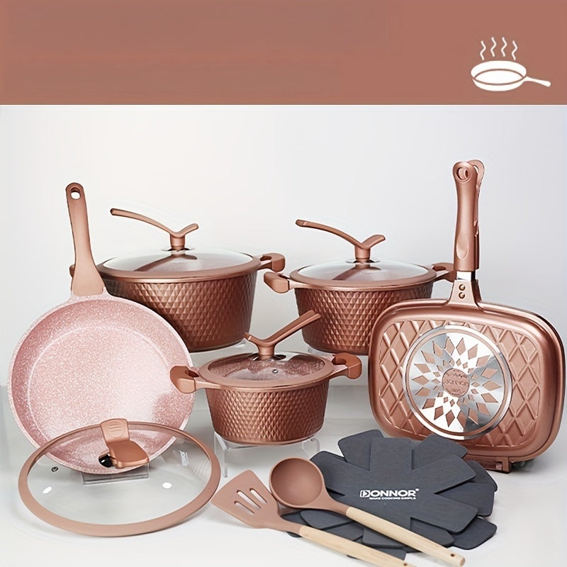 Luxury Set of 15 High-Quality Non-Stick Diamond Series Cookware Pieces, Including Frying Pans, Soup Pots, and Multi-Functional Die-Cast Aluminum Pot, Perfect for High-End Kitchen Cooking Combination.