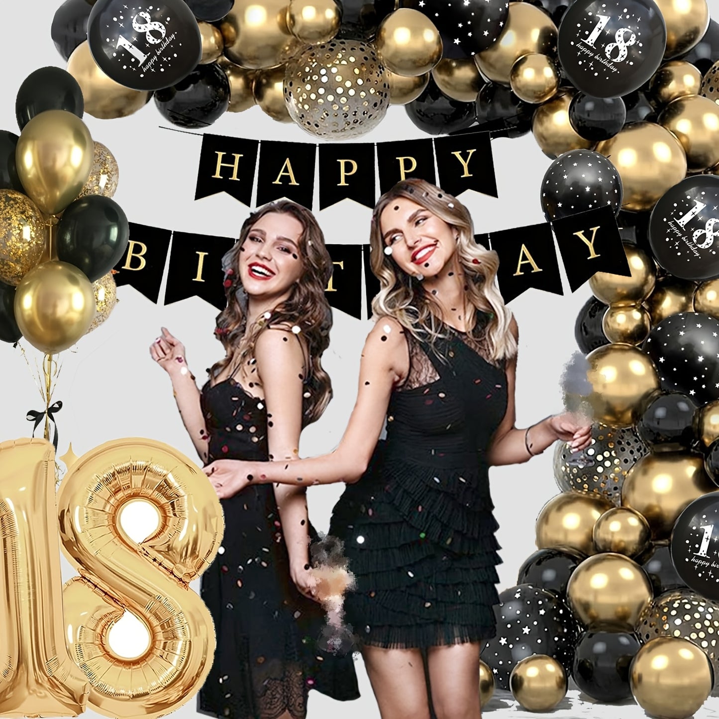 Black and gold balloon decorations for 18th birthday party with Happy Birthday banner and balloon garland.