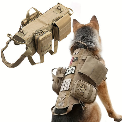 Tough, waterproof dog harness with pockets, washable, tan color, great for training and outdoor use.