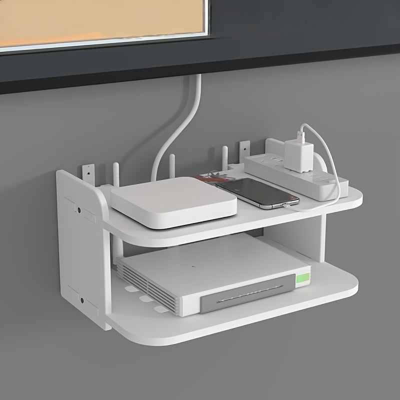 2-tier wall-mounted rack with cable management for routers and set-top boxes - no drilling required.