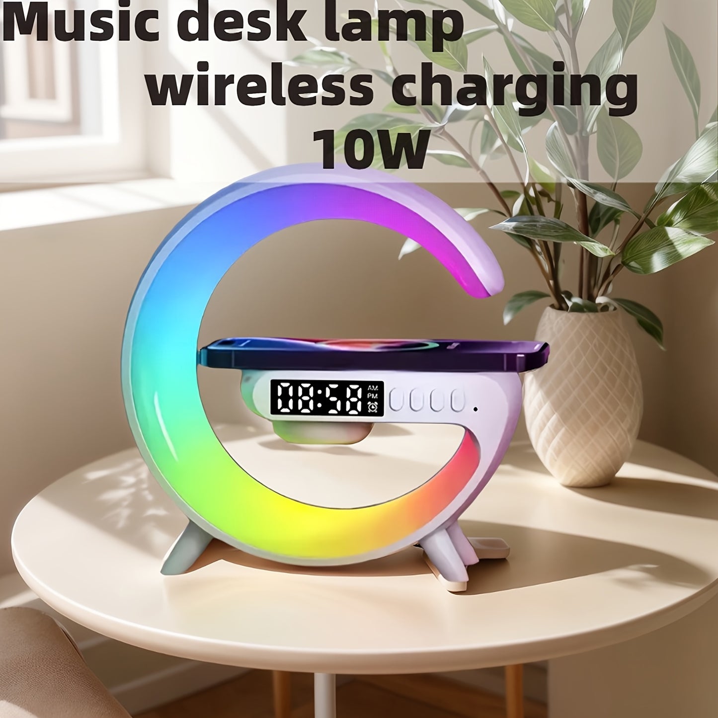 Smart lamp with wireless speaker and charging function for smartphones wakes up with light music.