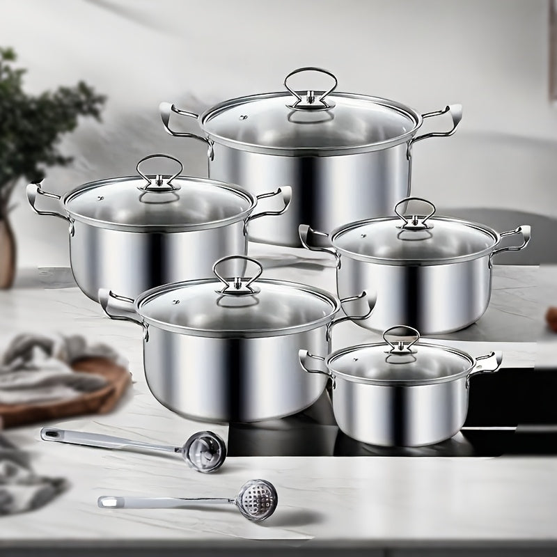 This 12-piece set includes a stainless steel stockpot with a single lid and double handles for easy grip. It comes with 5 pots, 5 pot lids, and two spoons, making it perfect for cooking soups, hot dishes, noodles, and seafood. This set is compatible with