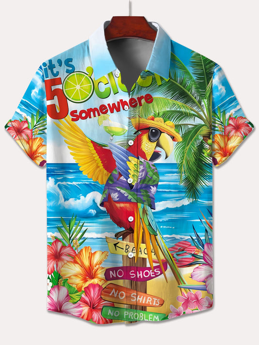 Vintage Hawaiian-style parrot graphic shirt for plus-size men in summer