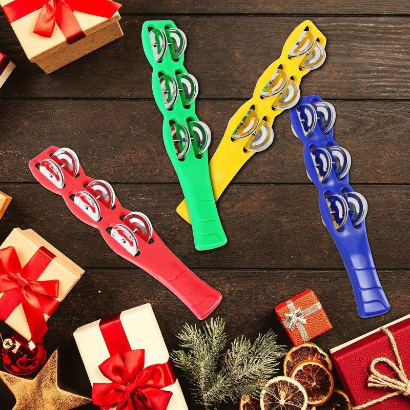 4 Colorful Plastic Jingle Bell Sticks with Metal Rattle Heads - Durable Latin Percussion & Tambourine Accessories