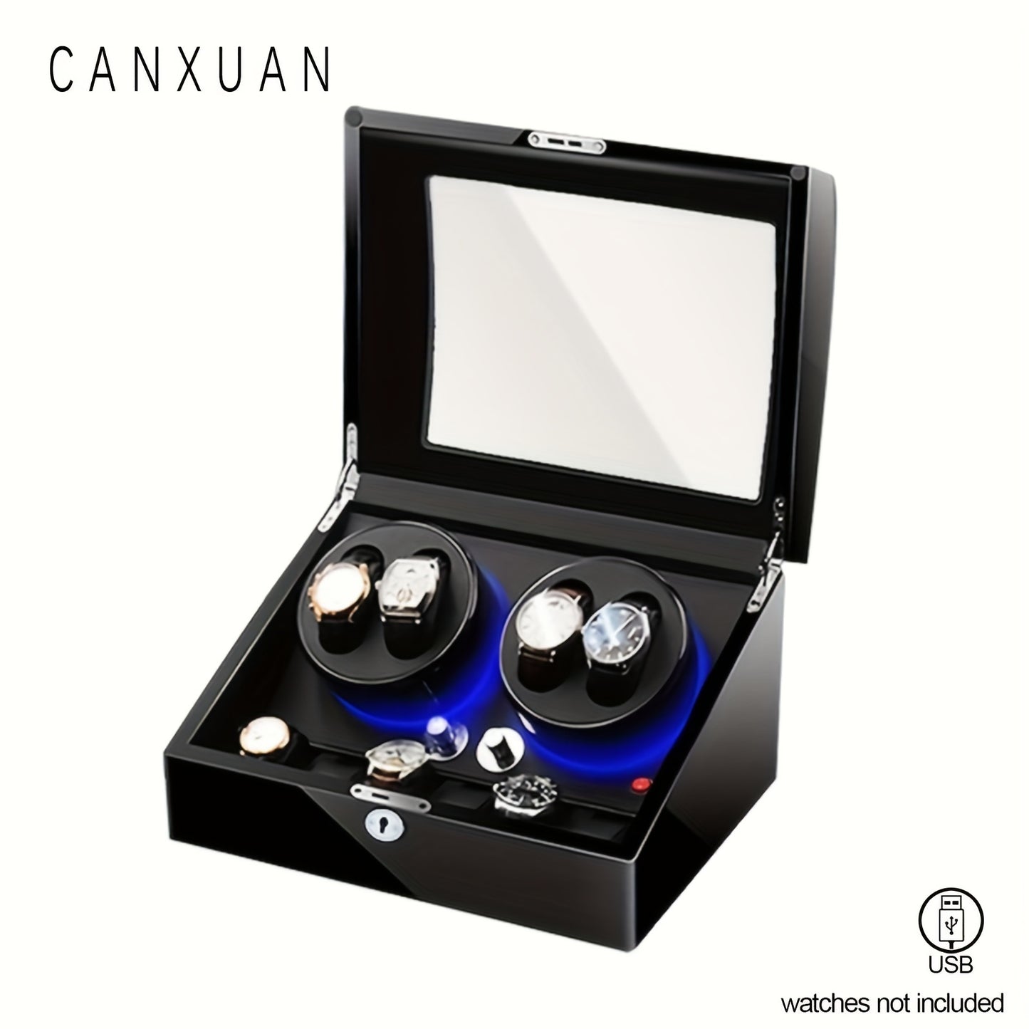 1 pc CANXUAN automatic watch winder box with 4+6 slots, quiet motors, key lock, LED light, soft pillow, faux leather, USB-powered, suitable for men's and women's watches, battery not