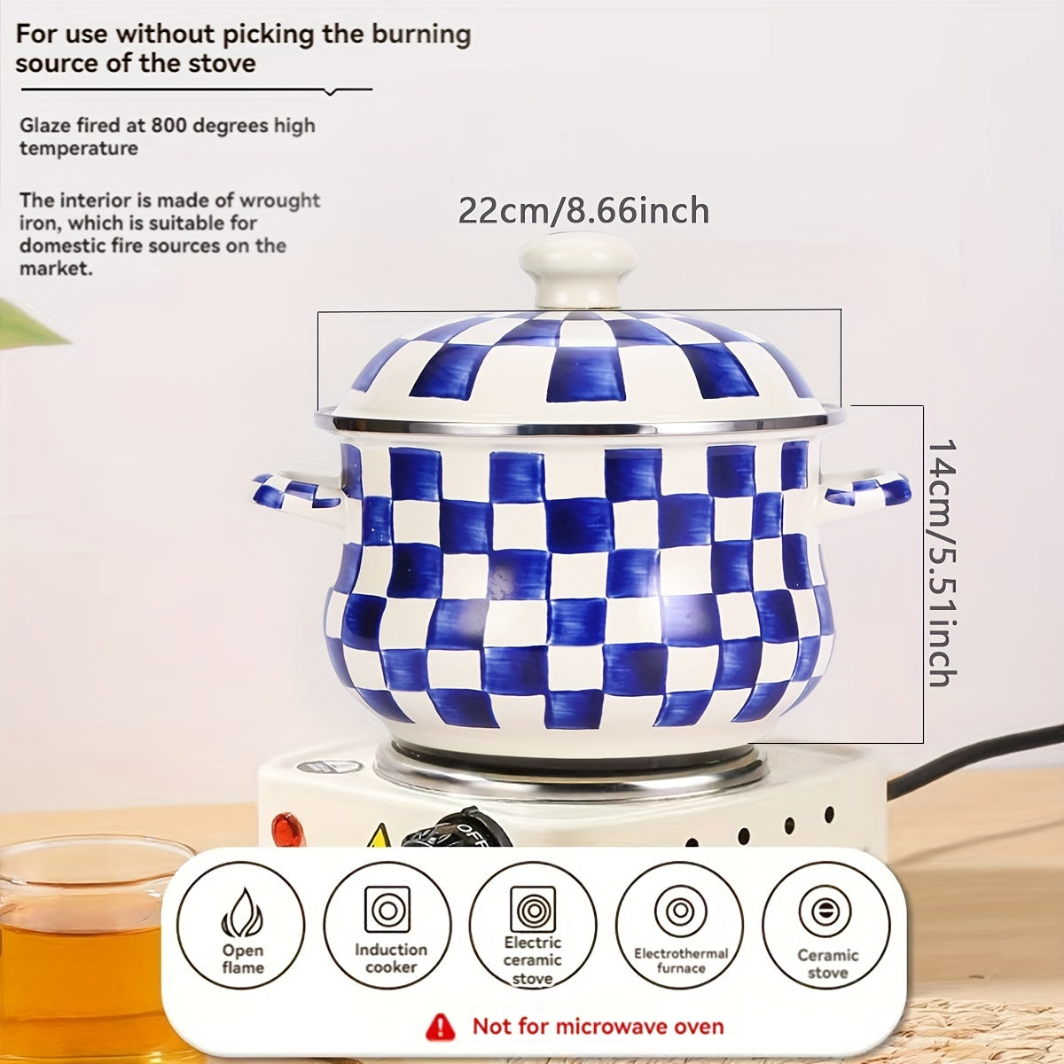 Enamel Saucepan with Lid - Blue and White Checker Pattern, 8.66-inch, Large Capacity Soup Pot and Casserole Dish, Serving Cookware for Table and Kitchen, Compatible with Gas and Electric Stovetops, Ideal Gift for Home and Restaurant