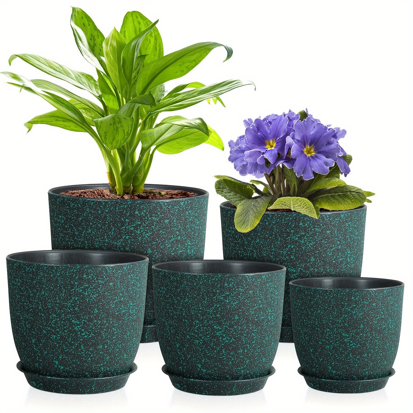 Self-watering planter set includes 5 durable plastic pots with drainage holes, ideal for indoor/outdoor use with succulents, snake plants, and African violets (plants not included).