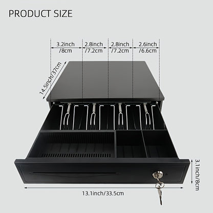 Zinc-plated steel plate cash register metal money box with small bill printer and cash register connection.