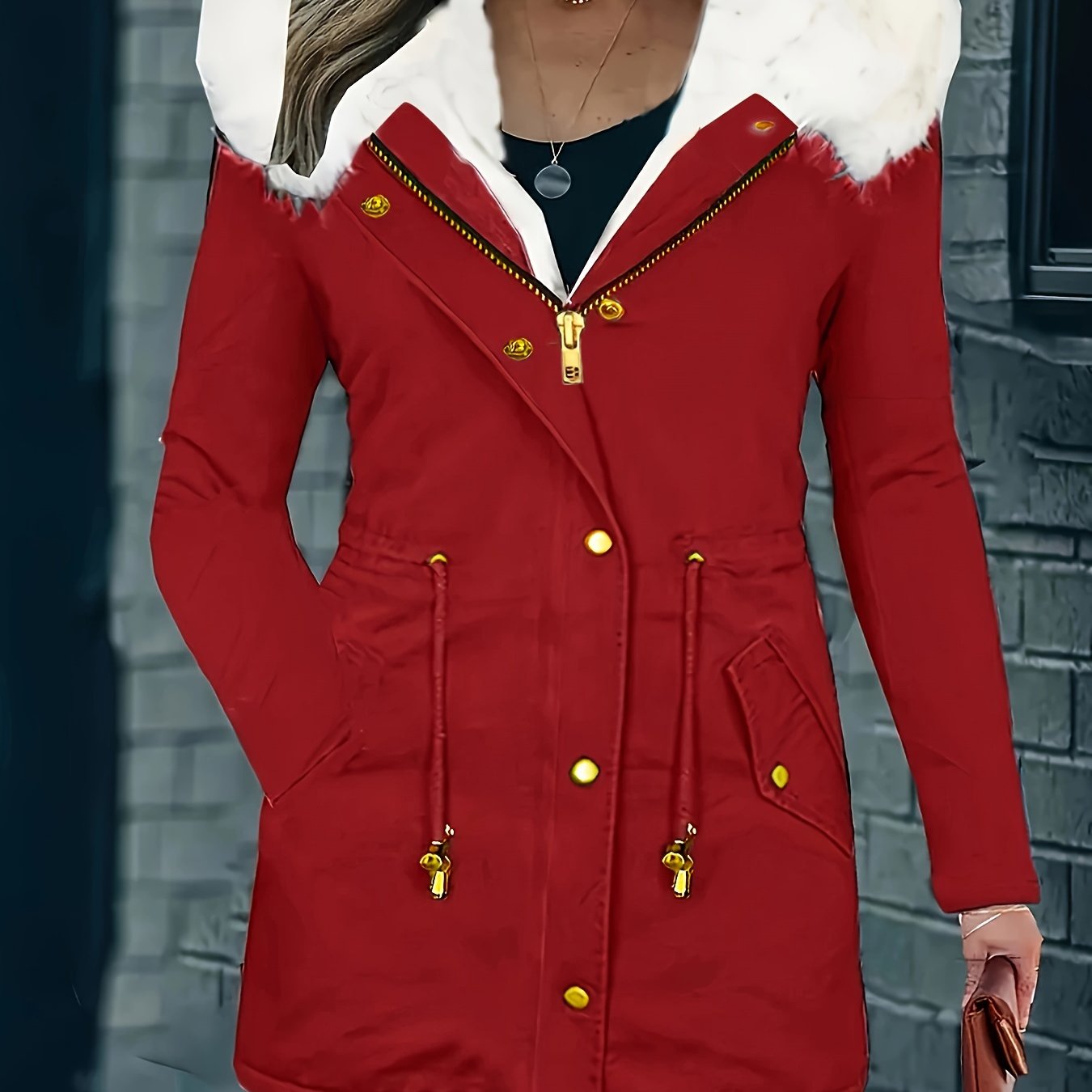 Women's plus size winter coat with fuzzy contrast, drawstring waist, full zipper, warm pockets, and long sleeves.