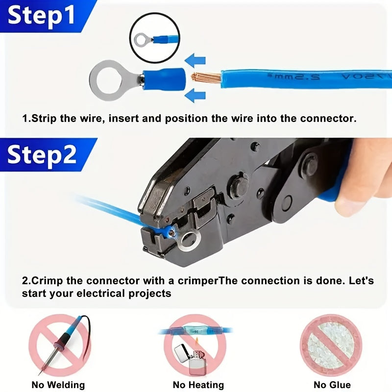 102-piece universal electrical crimp terminal set with assorted connectors for automotive and marine wiring, uncharged and battery not included.