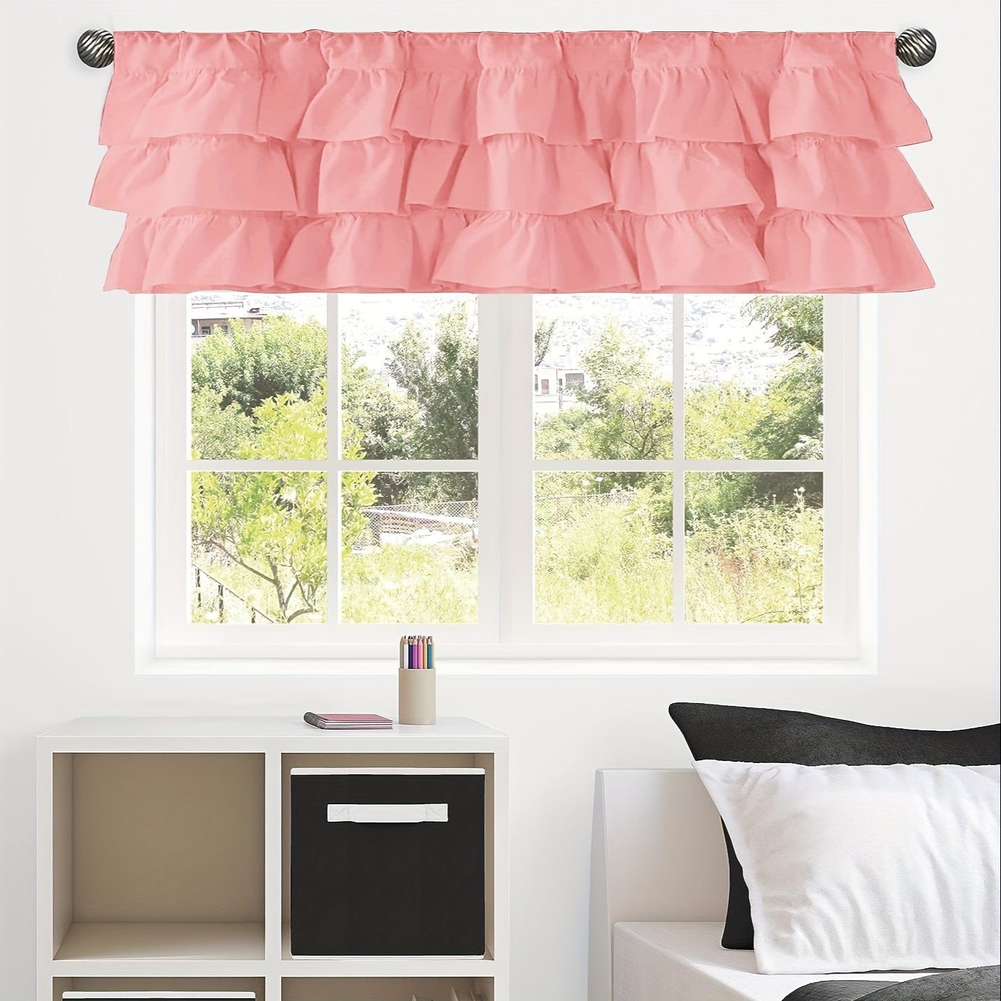 White ruffle print small curtain tiers, made with soft fabric featuring tiered ruffles. Perfect as a cafe curtain valance, these decorative short window drapes are ideal for parties, gifting, and adding charm to any room in your home – be it the kitchen